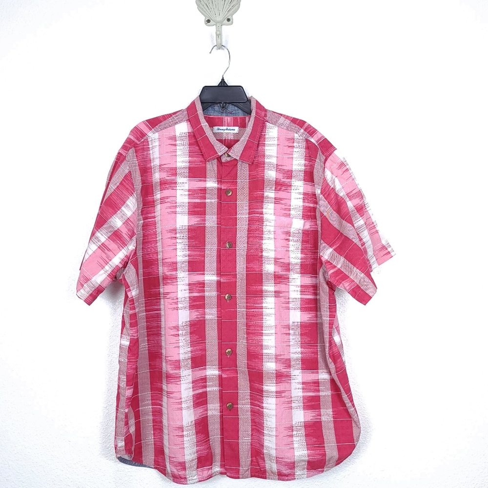 TOMMY BAHAMA Men's Who Got Ikat Stripe Button Down Shirt Red - Picture 2 of 12